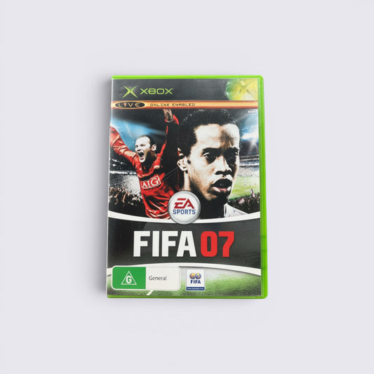 MrPixel FIFA 07 football simulation game for original Xbox featuring Wayne Rooney and Ronaldinho on cover art