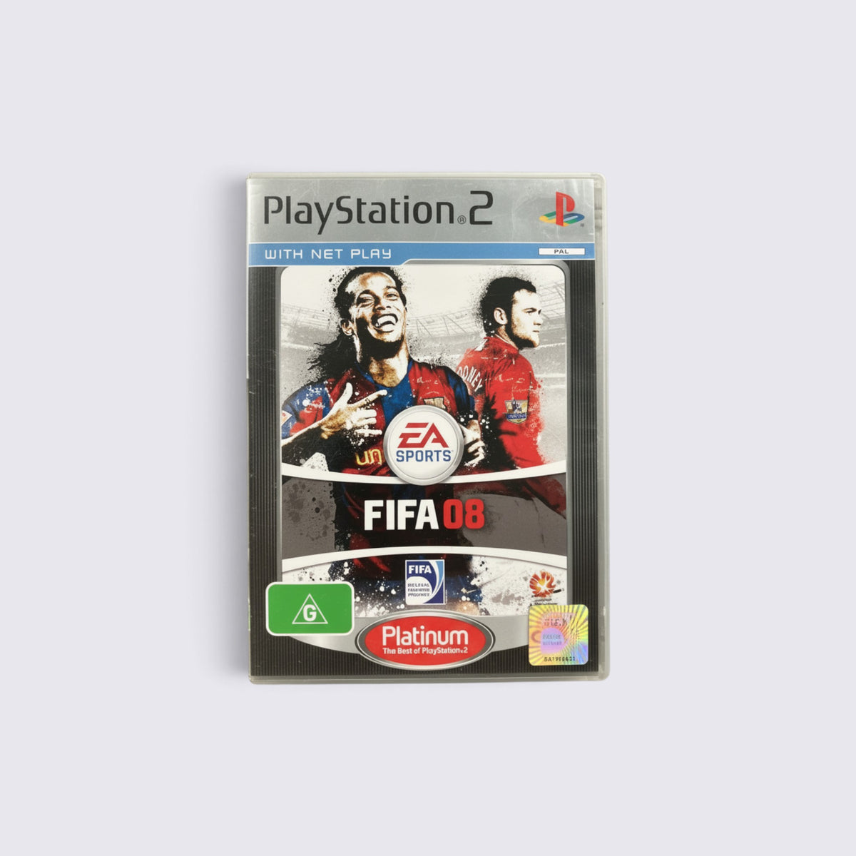 MrPixel FIFA 08 Platinum edition game case for PlayStation 2 featuring Ronaldinho and Wayne Rooney on the cover