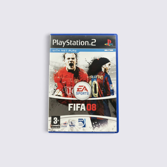 MrPixel FIFA 08 PlayStation 2 game case featuring Wayne Rooney and Ronaldinho on the cover art.