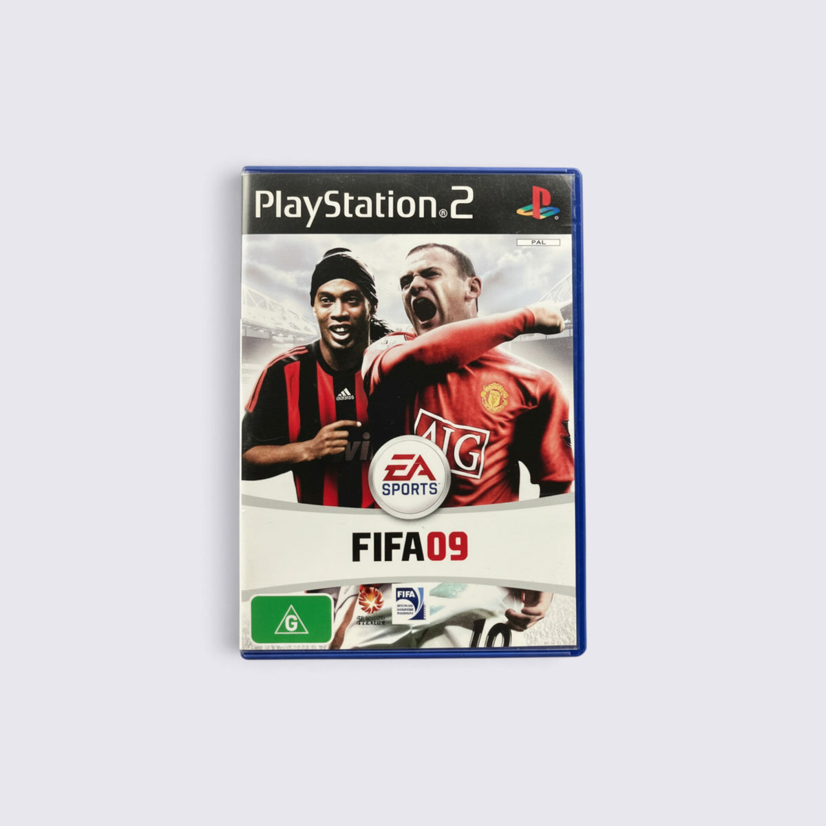 MrPixel FIFA 09 PlayStation 2 game case featuring Ronaldinho and Wayne Rooney on the cover art