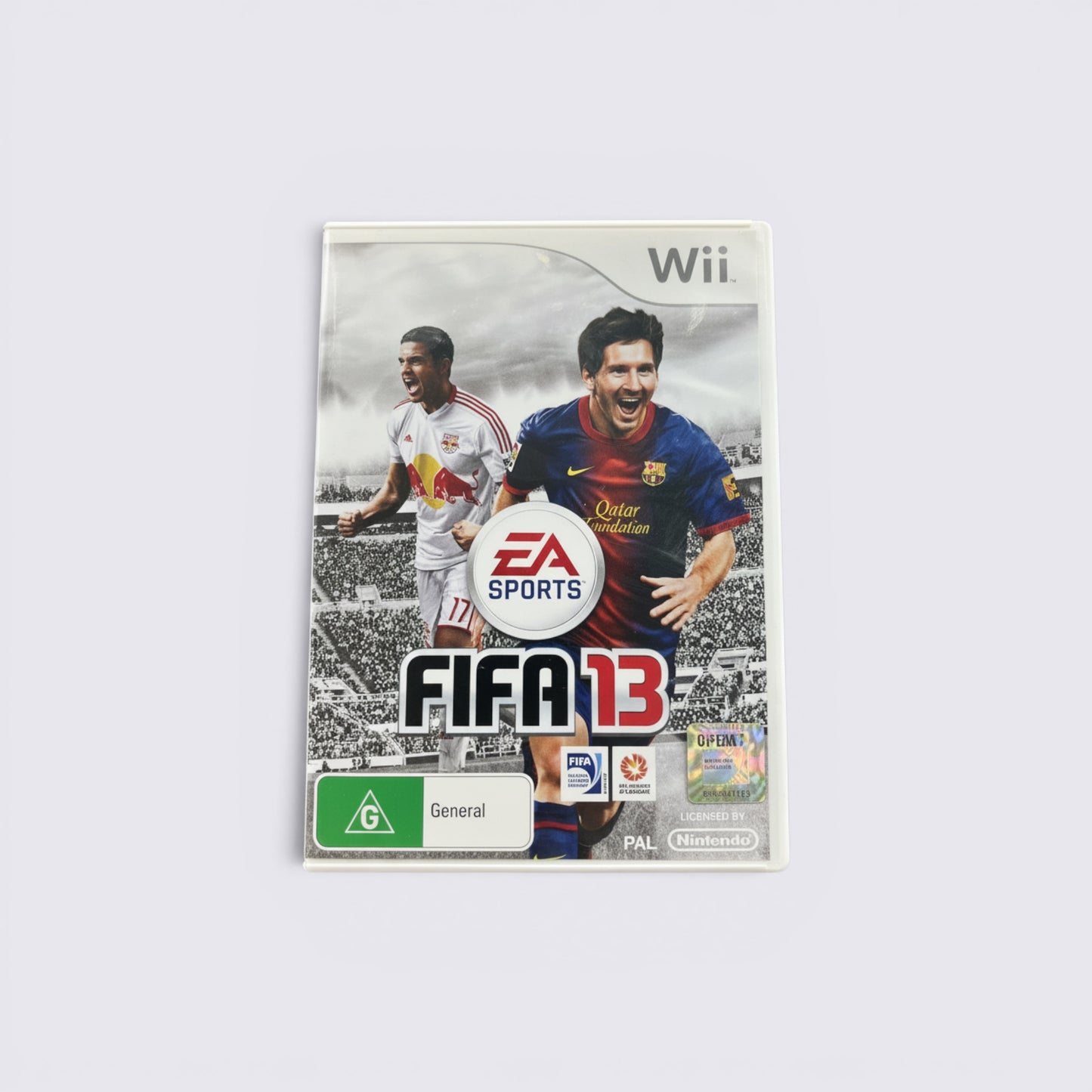 MrPixel FIFA 13 Wii game case featuring Lionel Messi and a Red Bull player on the cover with General rating label