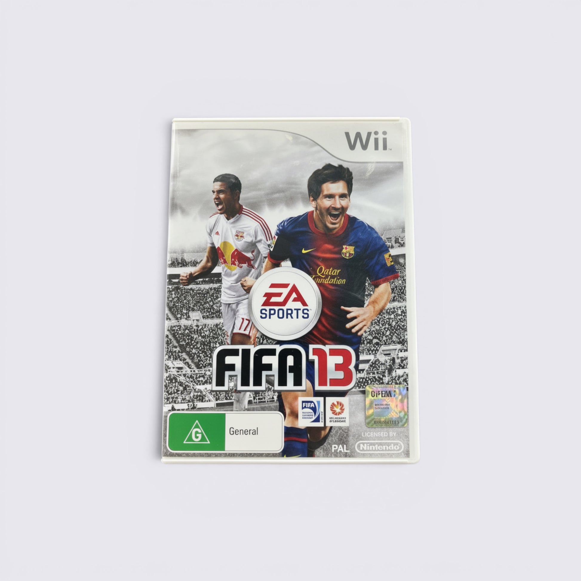 MrPixel FIFA 13 Wii game case featuring Lionel Messi and a Red Bull player on the cover with General rating label