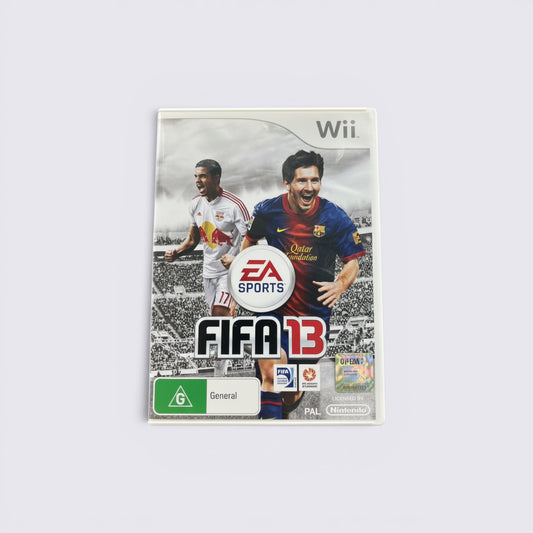 MrPixel FIFA 13 Wii game case featuring Lionel Messi and a Red Bull player on the cover with General rating label