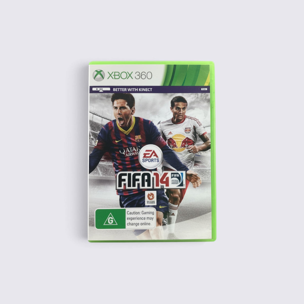 MrPixel FIFA 14 Xbox 360 game case featuring football player Lionel Messi and EA Sports branding