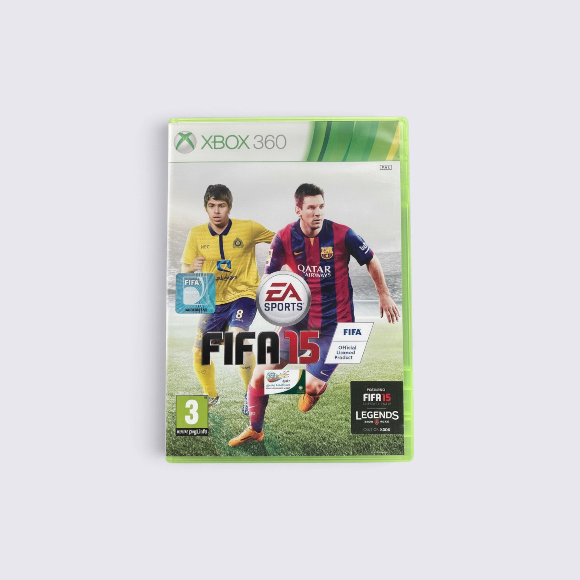 MrPixel FIFA 15 Xbox 360 game case featuring Lionel Messi and Oscar on the cover art