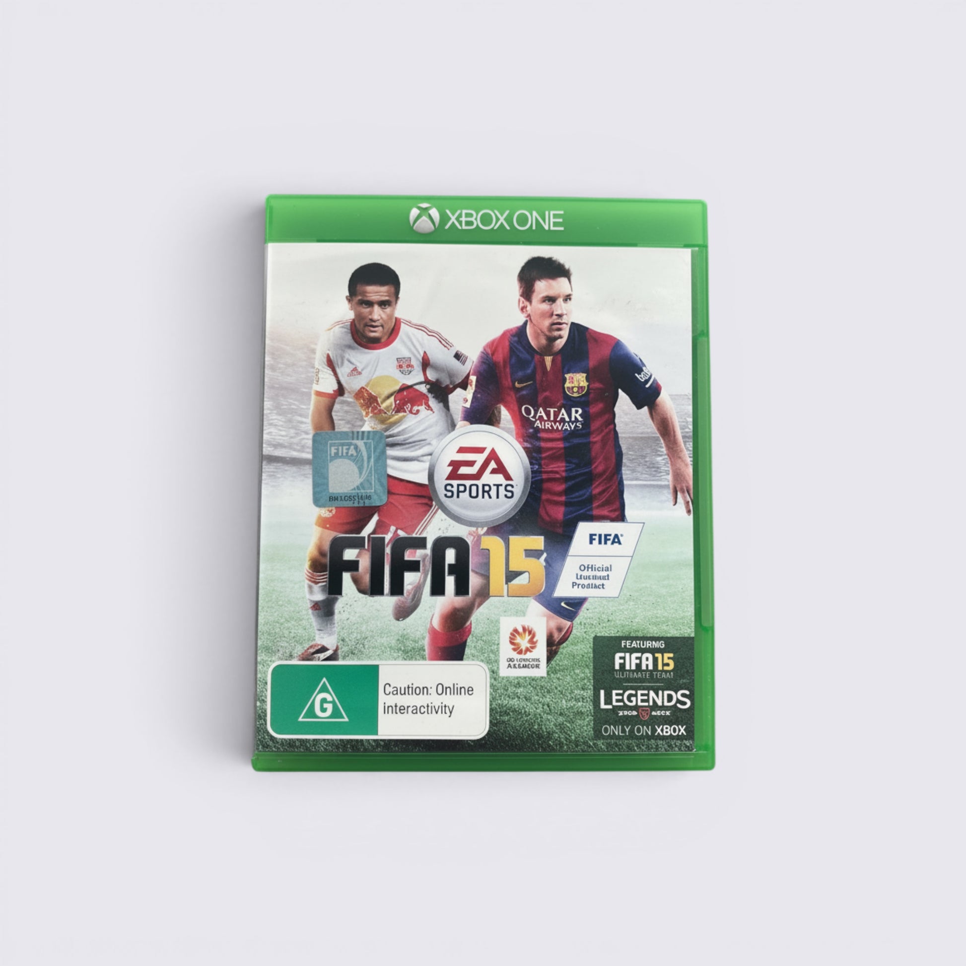 MrPixel FIFA 15 Xbox One game case featuring Lionel Messi and Tim Cahill on the cover art.