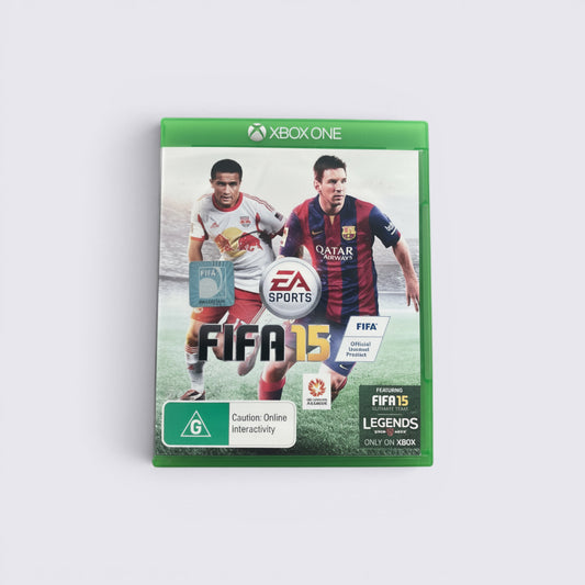 MrPixel FIFA 15 Xbox One game case featuring Lionel Messi and Tim Cahill on the cover art.