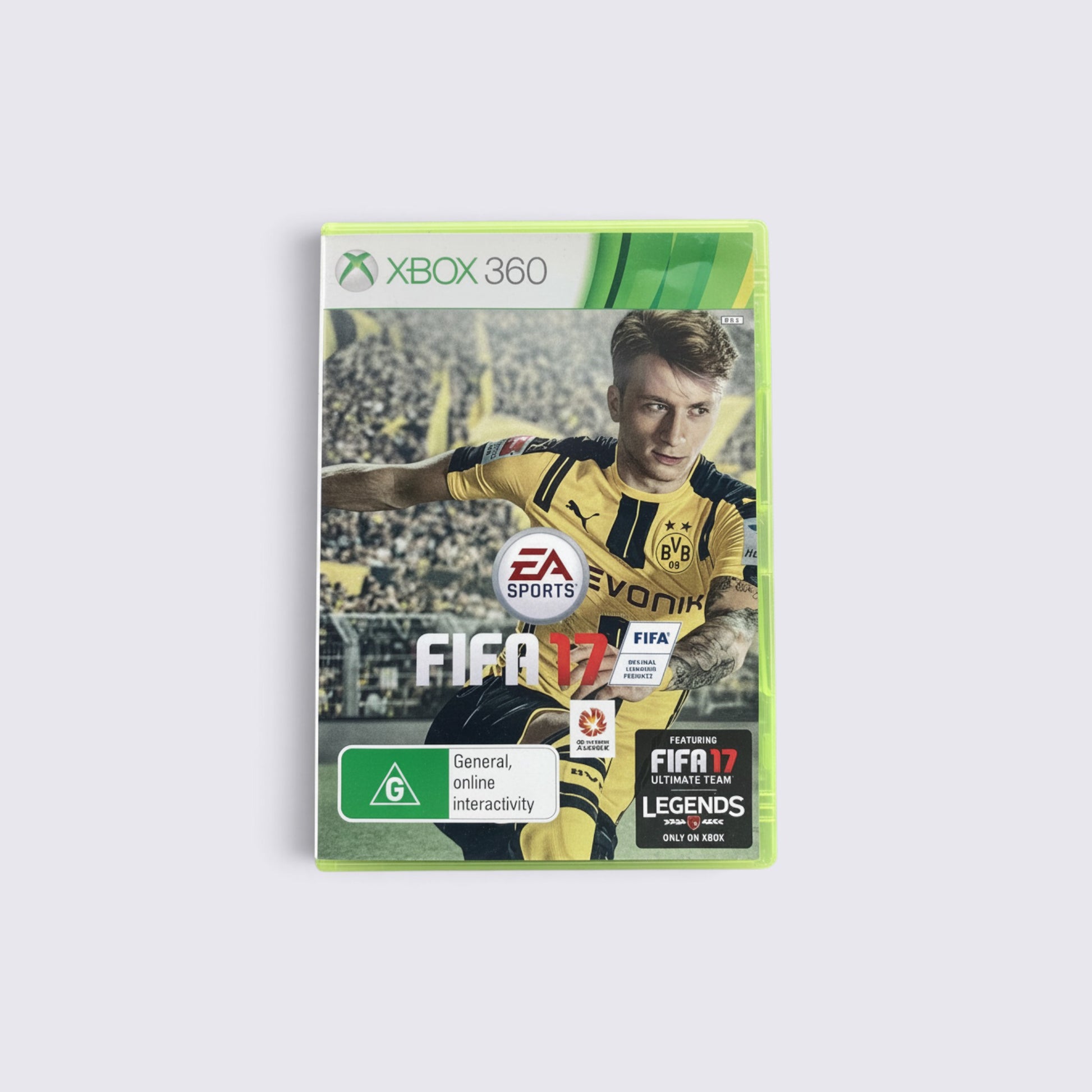 MrPixel FIFA 17 video game for Xbox 360 featuring Marco Reus on the cover in a yellow and black football kit.