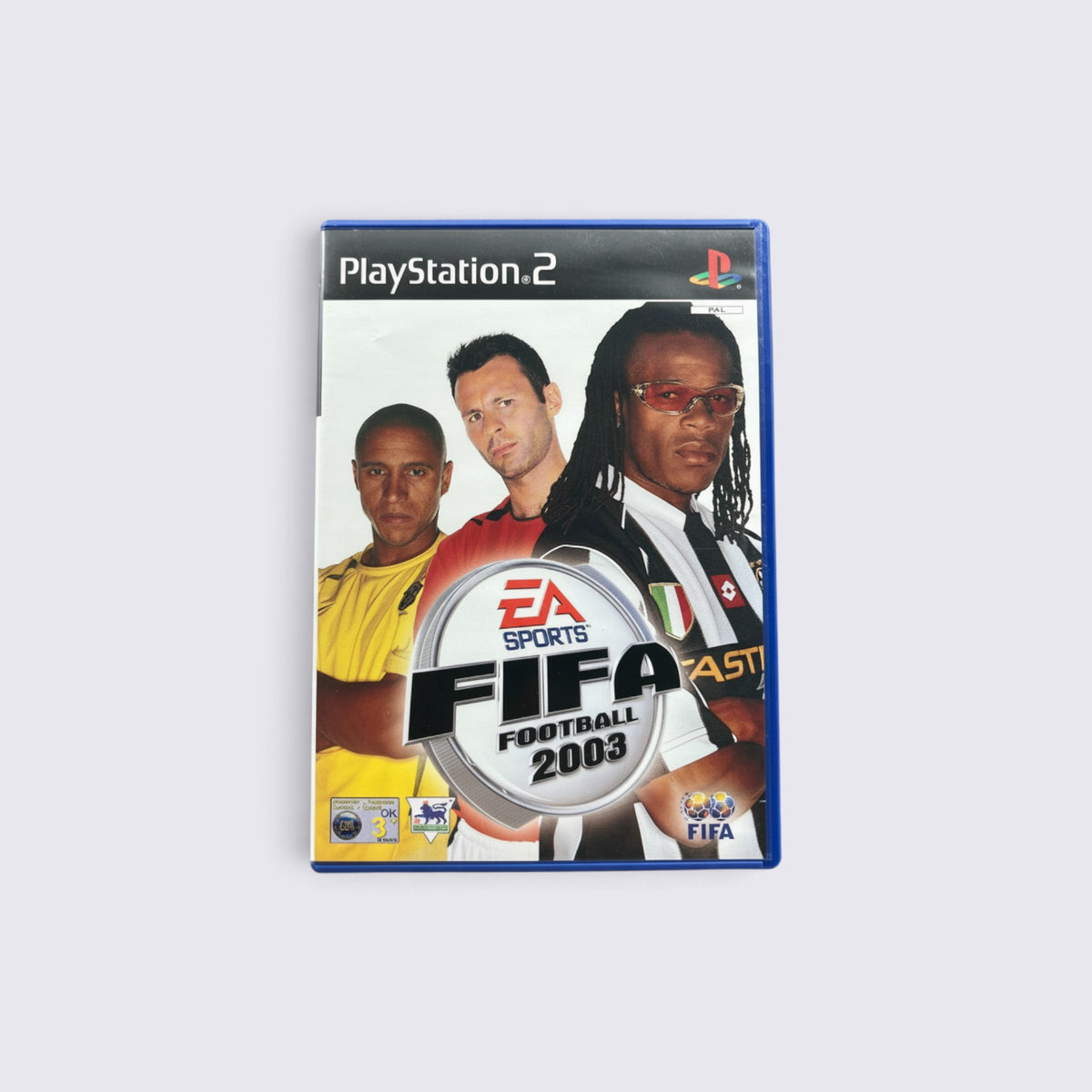 MrPixel FIFA Football 2003 PlayStation 2 game case featuring Roberto Carlos, Ryan Giggs, and Edgar Davids on cover