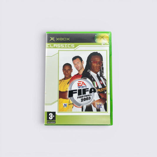 MrPixel FIFA Football 2003 Classics Xbox game case featuring Roberto Carlos, Ryan Giggs, and Edgar Davids on cover