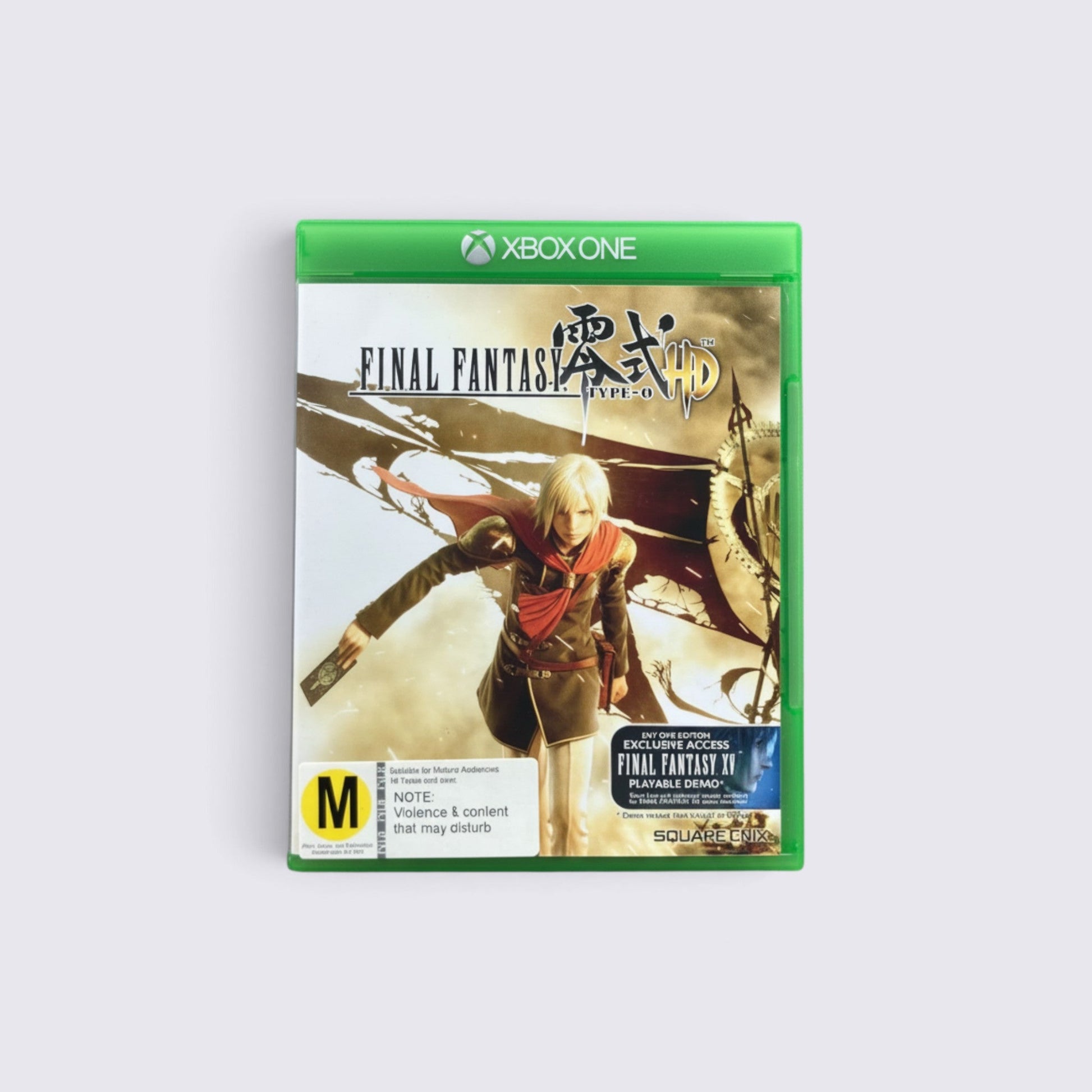 MrPixel Final Fantasy Type-0 HD video game case for Xbox One featuring a character in a red cape on the cover art.