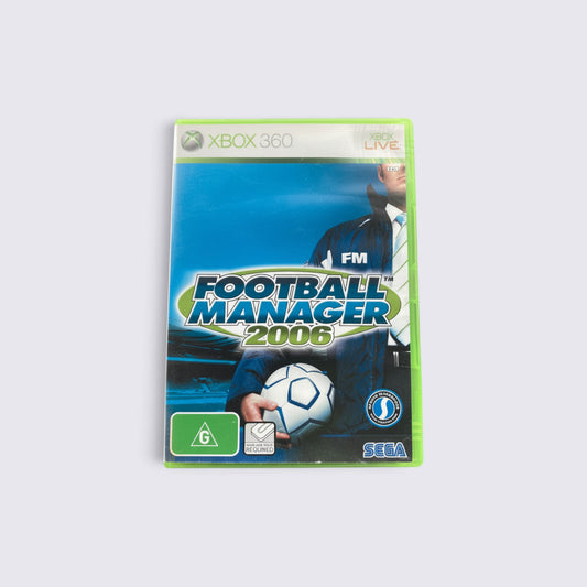 MrPixel Football Manager 2006 Xbox 360 game case featuring a manager holding a football on a blue background