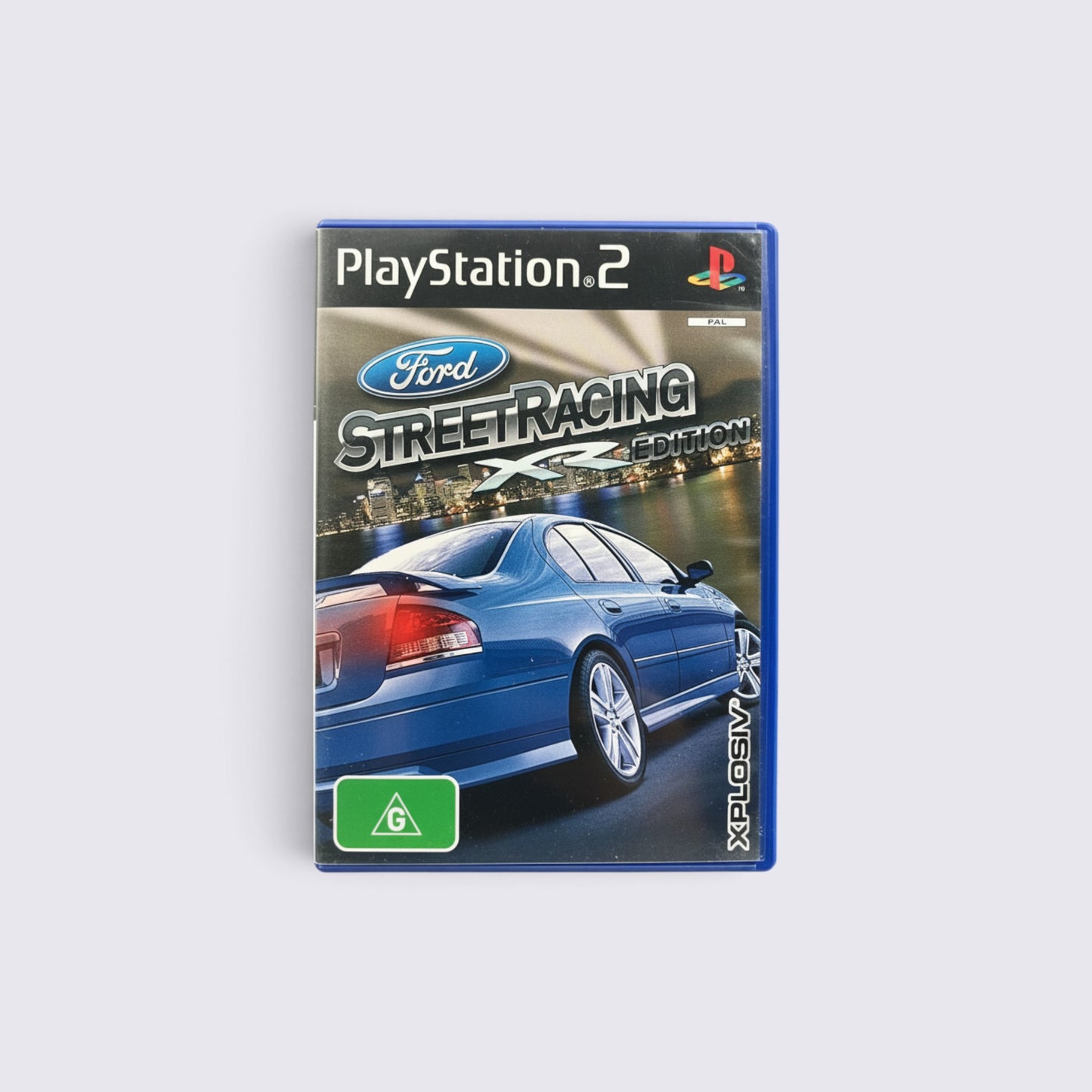 MrPixel Ford Street Racing XR Edition game case for PlayStation 2 featuring a blue sedan on a city skyline background