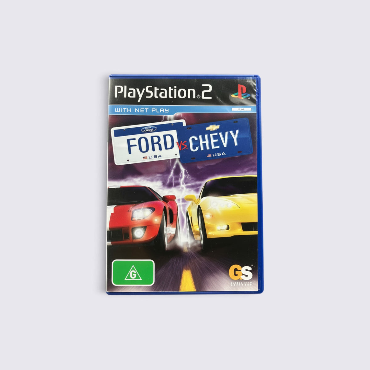 MrPixel Ford vs Chevy PlayStation 2 game case featuring red and yellow muscle cars on a stormy road background