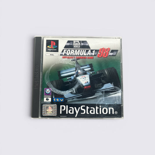 MrPixel Formula 1 98 PlayStation 1 racing game case featuring a Formula One car on the cover