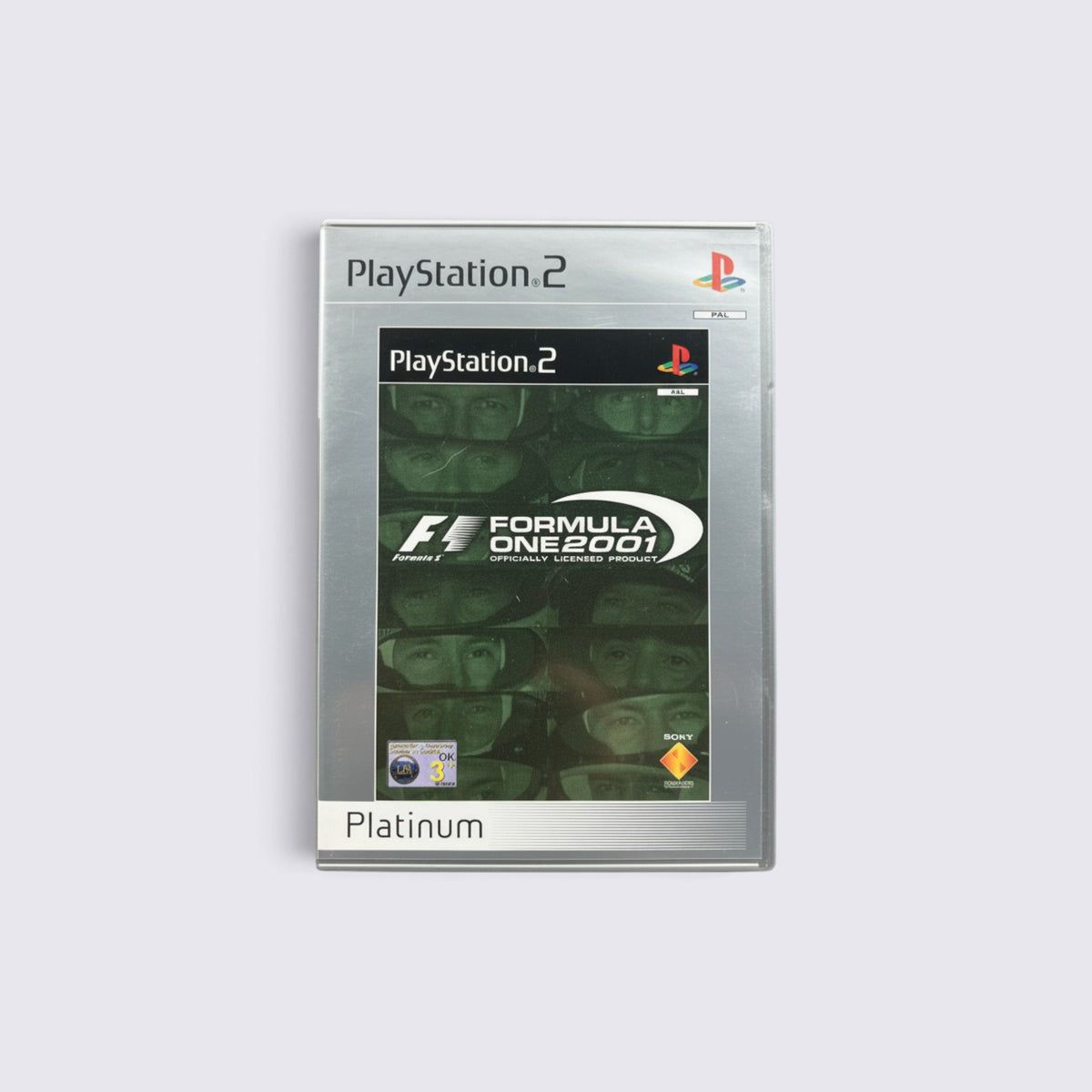 MrPixel Formula One 01 Platinum edition game for PlayStation 2 featuring a green-tinted driver helmet cover art.