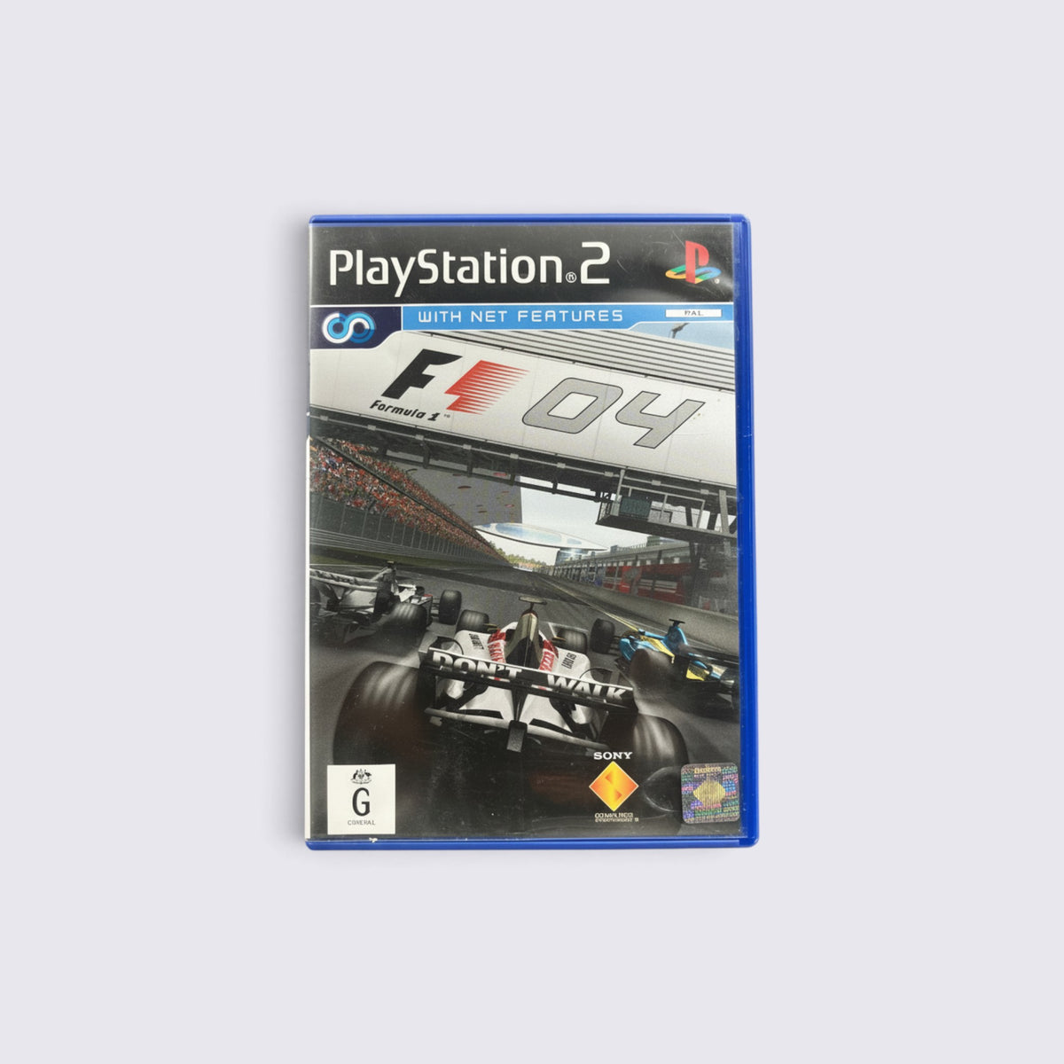 MrPixel Formula One 04 PlayStation 2 game case featuring racing cars on a track with official 2004 season branding.