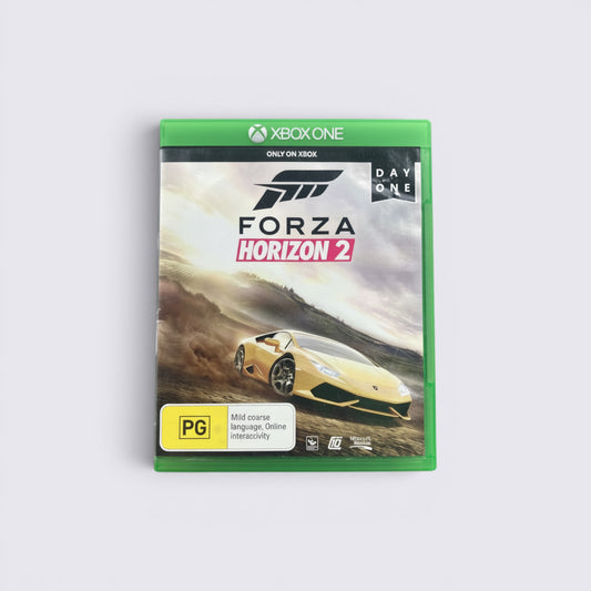 MrPixel Forza Horizon 2 Day One edition racing game for Xbox One featuring a yellow Lamborghini on the cover