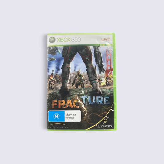 MrPixel Fracture video game for Xbox 360 featuring a soldier on a cracked battlefield with Golden Gate Bridge backdrop