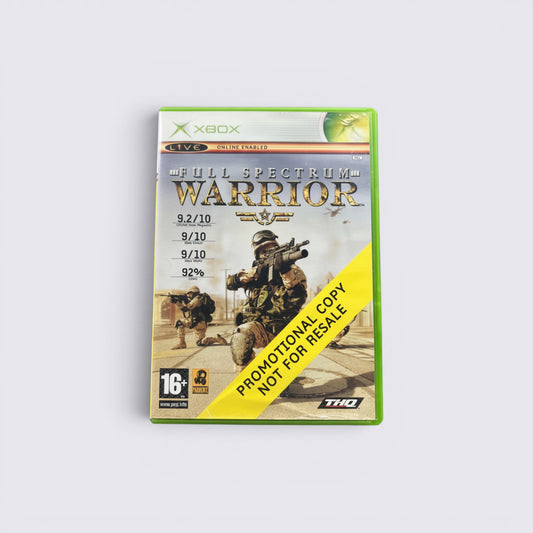 MrPixel Full Spectrum Warrior Xbox game case with promotional copy sticker on a grey background.