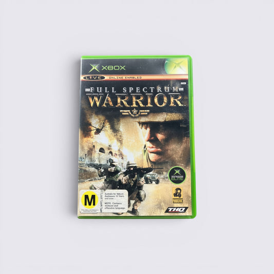 MrPixel Full Spectrum Warrior Xbox video game case featuring military soldiers in an urban combat scene.