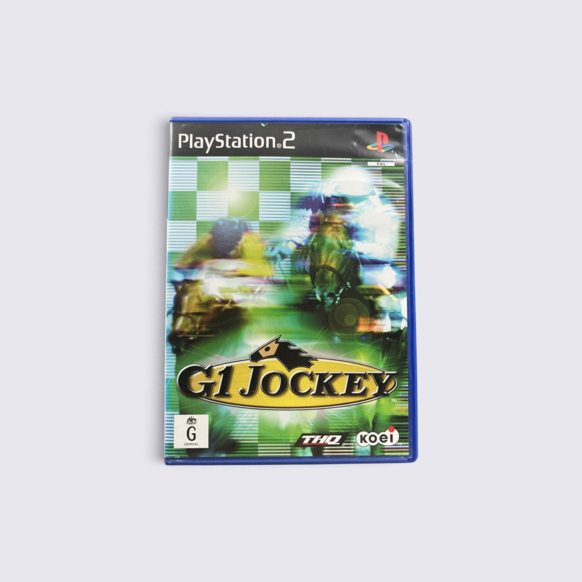 MrPixel G1 Jockey PlayStation 2 game case featuring a dynamic horse racing graphic on a checkered background