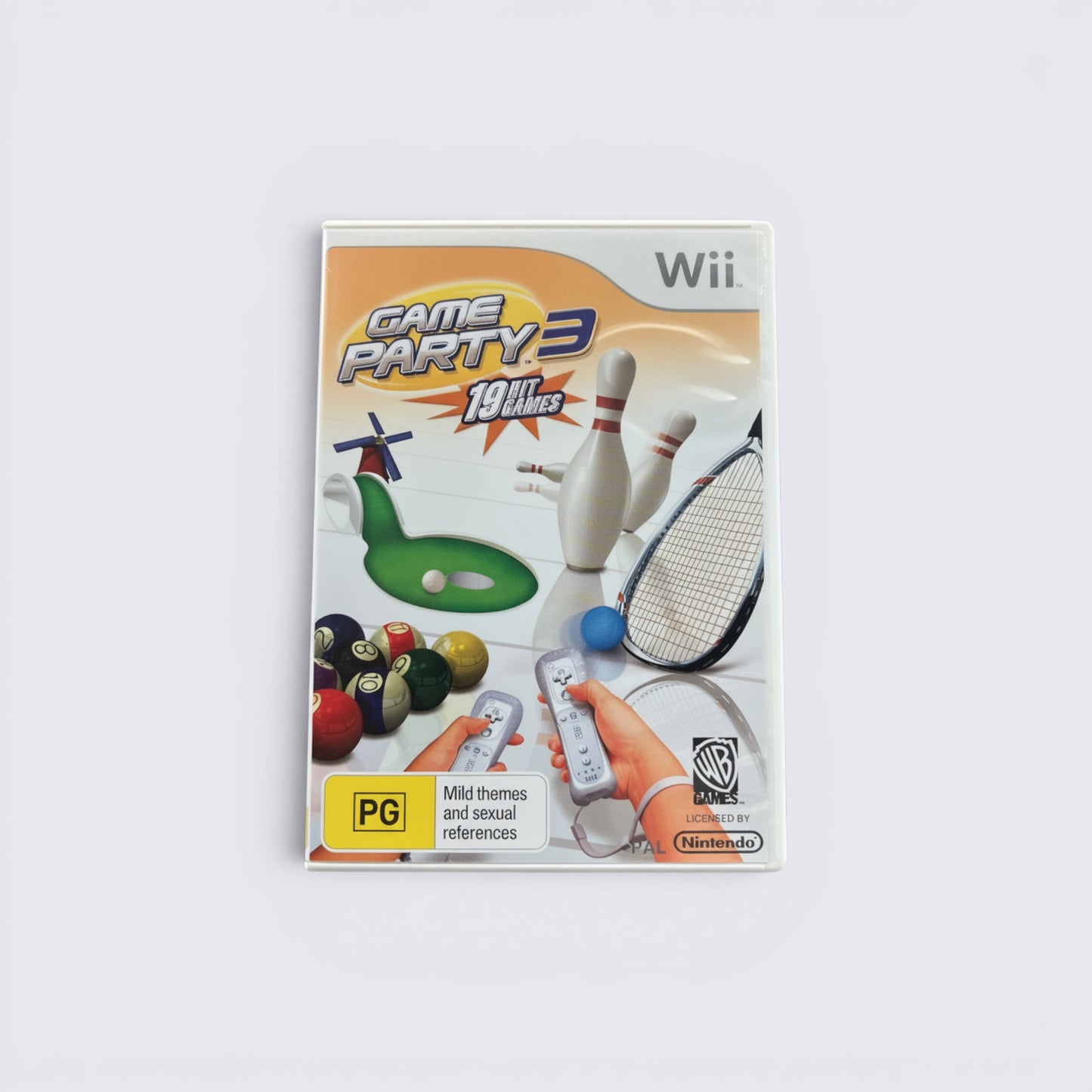 MrPixel Game Party 3 Wii game case featuring mini-game illustrations like bowling, billiards, and motion controls.