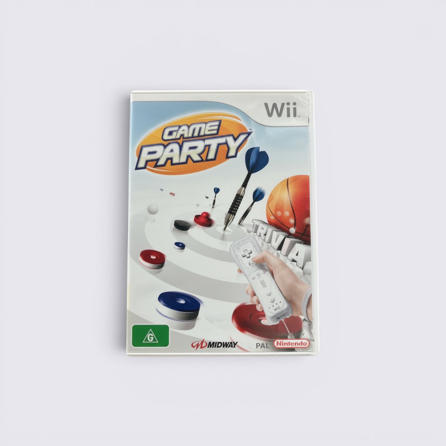 MrPixel Game Party Wii game case featuring darts, basketball, and table hockey graphics with motion controller