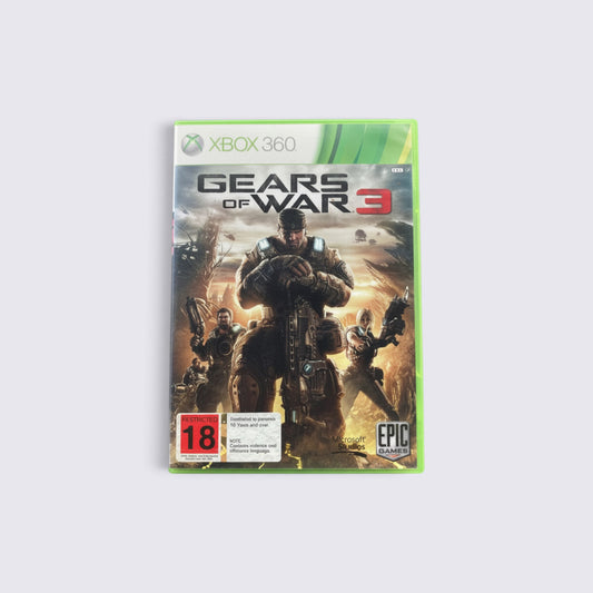 MrPixel Gears of War 3 video game case for Xbox 360 featuring Marcus Fenix and soldiers in a war-torn landscape