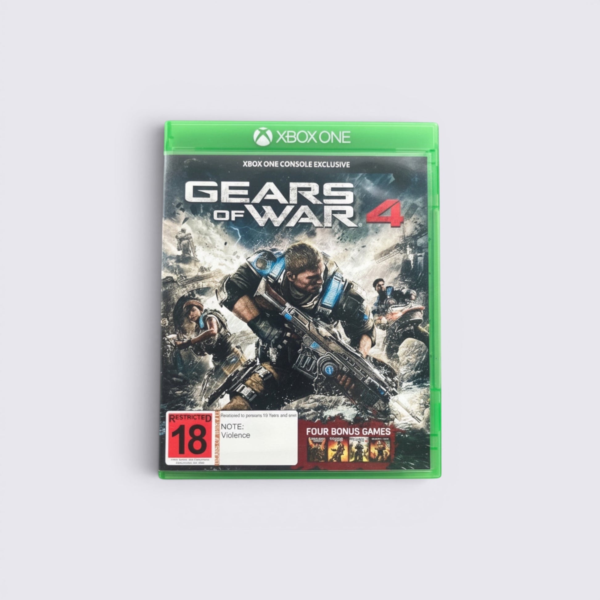 MrPixel Gears of War 4 Xbox One game case featuring JD Fenix with a Lancer rifle in a cinematic battle scene.