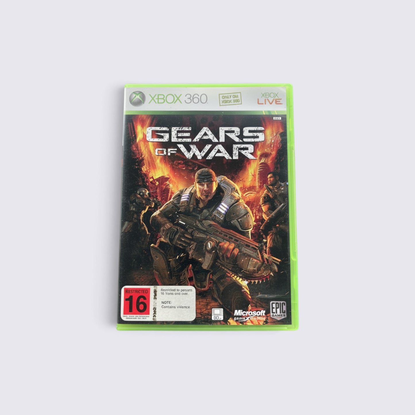 MrPixel Gears of War Xbox 360 game case featuring Marcus Fenix with a Lancer rifle against a fiery battlefield