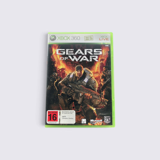 MrPixel Gears of War Xbox 360 game case featuring Marcus Fenix with a Lancer rifle against a fiery battlefield
