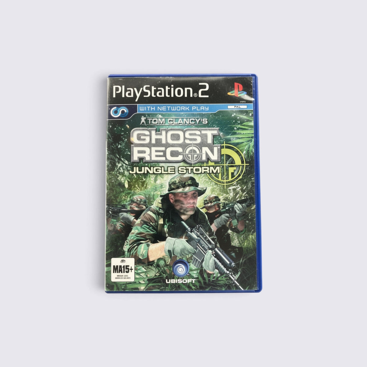 MrPixel Ghost Recon Jungle Storm PlayStation 2 game case featuring tactical soldiers in a dense jungle setting.