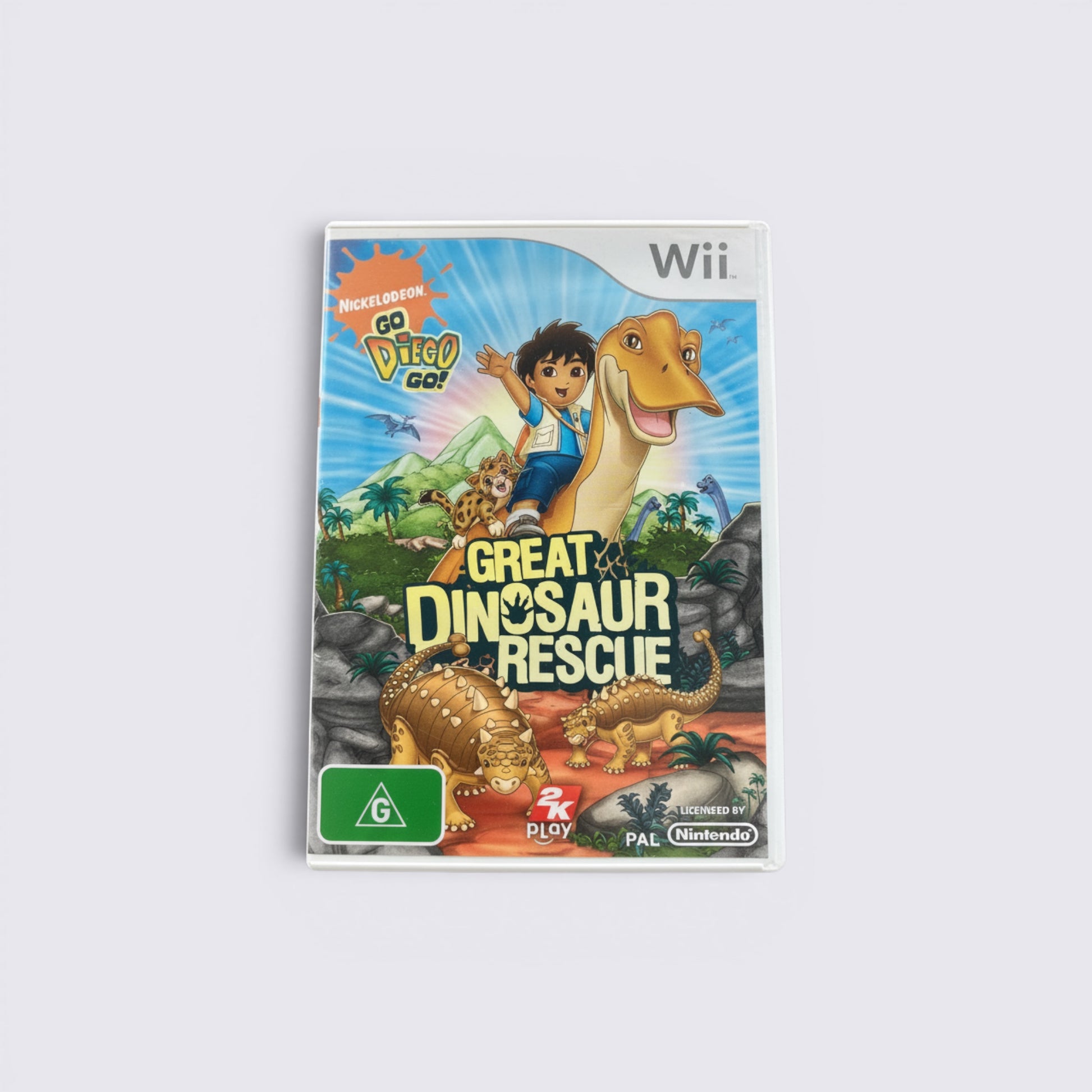 MrPixel Go Diego Go! Great Dinosaur Rescue Wii game case featuring Diego and dinosaurs in a vibrant jungle setting.