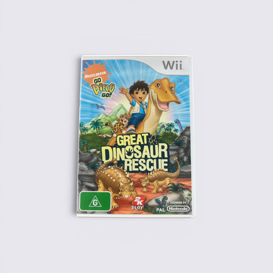 MrPixel Go Diego Go! Great Dinosaur Rescue Wii game case featuring Diego and dinosaurs in a vibrant jungle setting.