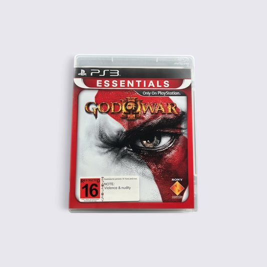 MrPixel God of War 3 Essentials PS3 game case featuring Kratos's intense eye and red tattoo artwork