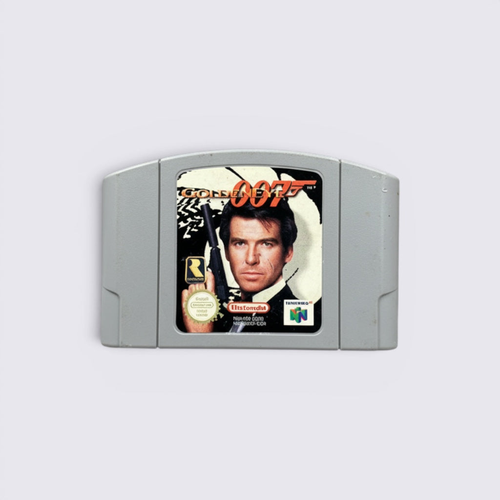 MrPixel GoldenEye 007 Nintendo 64 game cartridge featuring James Bond artwork on a grey plastic shell.