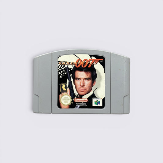 MrPixel GoldenEye 007 Nintendo 64 game cartridge featuring James Bond artwork on a grey plastic shell.