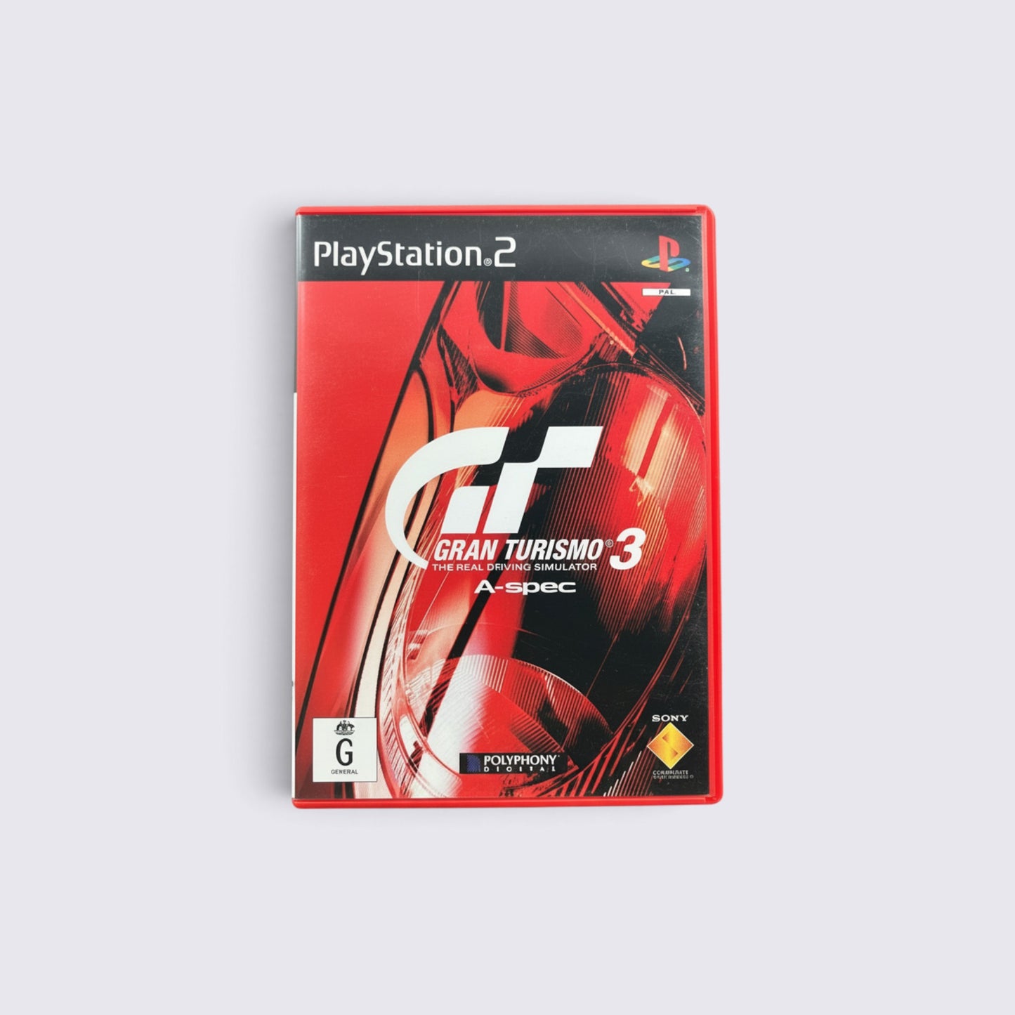 MrPixel Gran Turismo 3 A-Spec PlayStation 2 game case featuring iconic red abstract car headlight cover art.