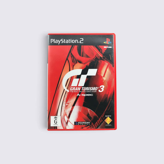 MrPixel Gran Turismo 3 A-Spec PlayStation 2 game case featuring iconic red abstract car headlight cover art.