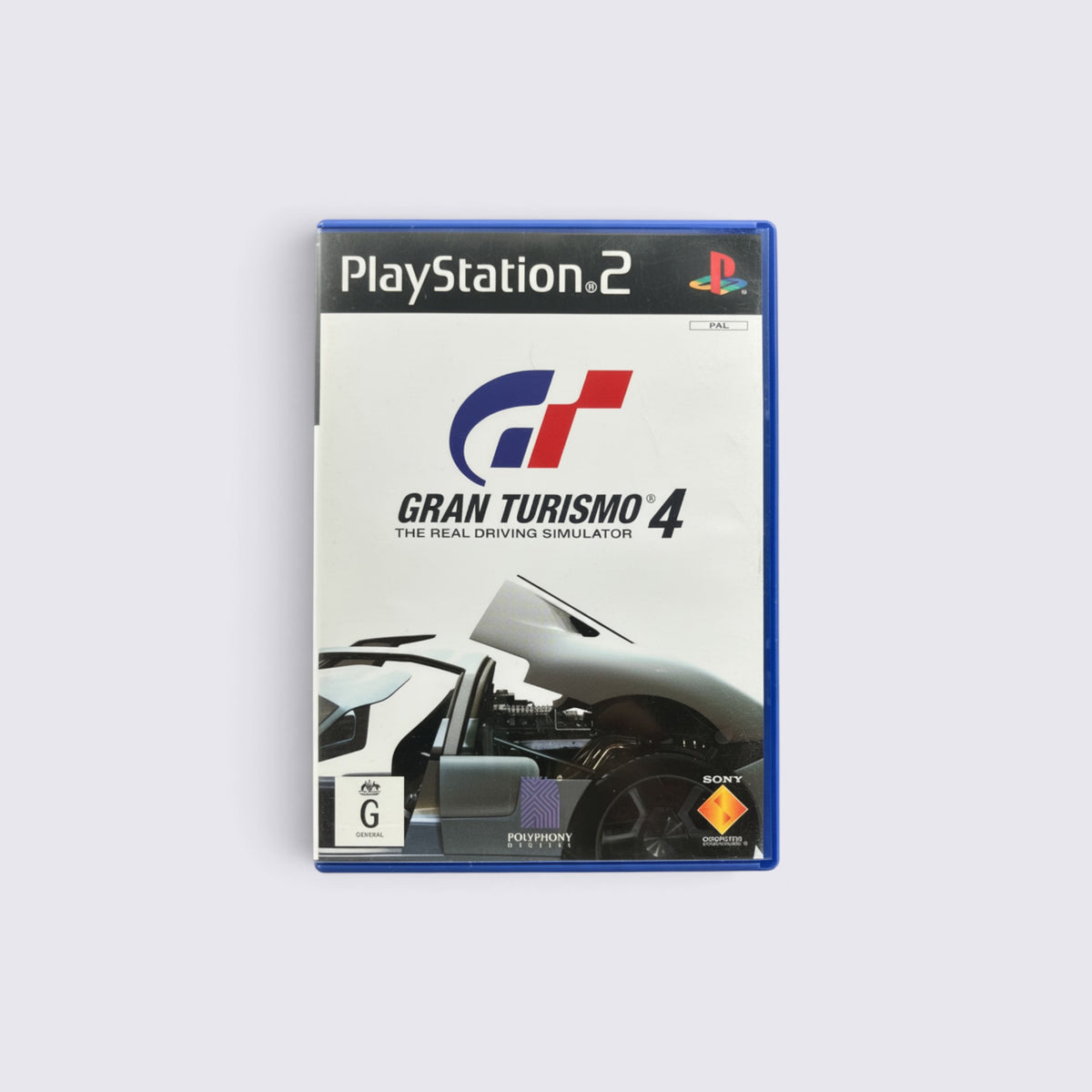 MrPixel Gran Turismo 4 racing game for PlayStation 2 featuring a white sports car on the cover art.