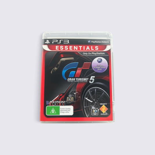 MrPixel Gran Turismo 5 Essentials racing game for PlayStation 3 in a clear plastic case with red and black cover art.