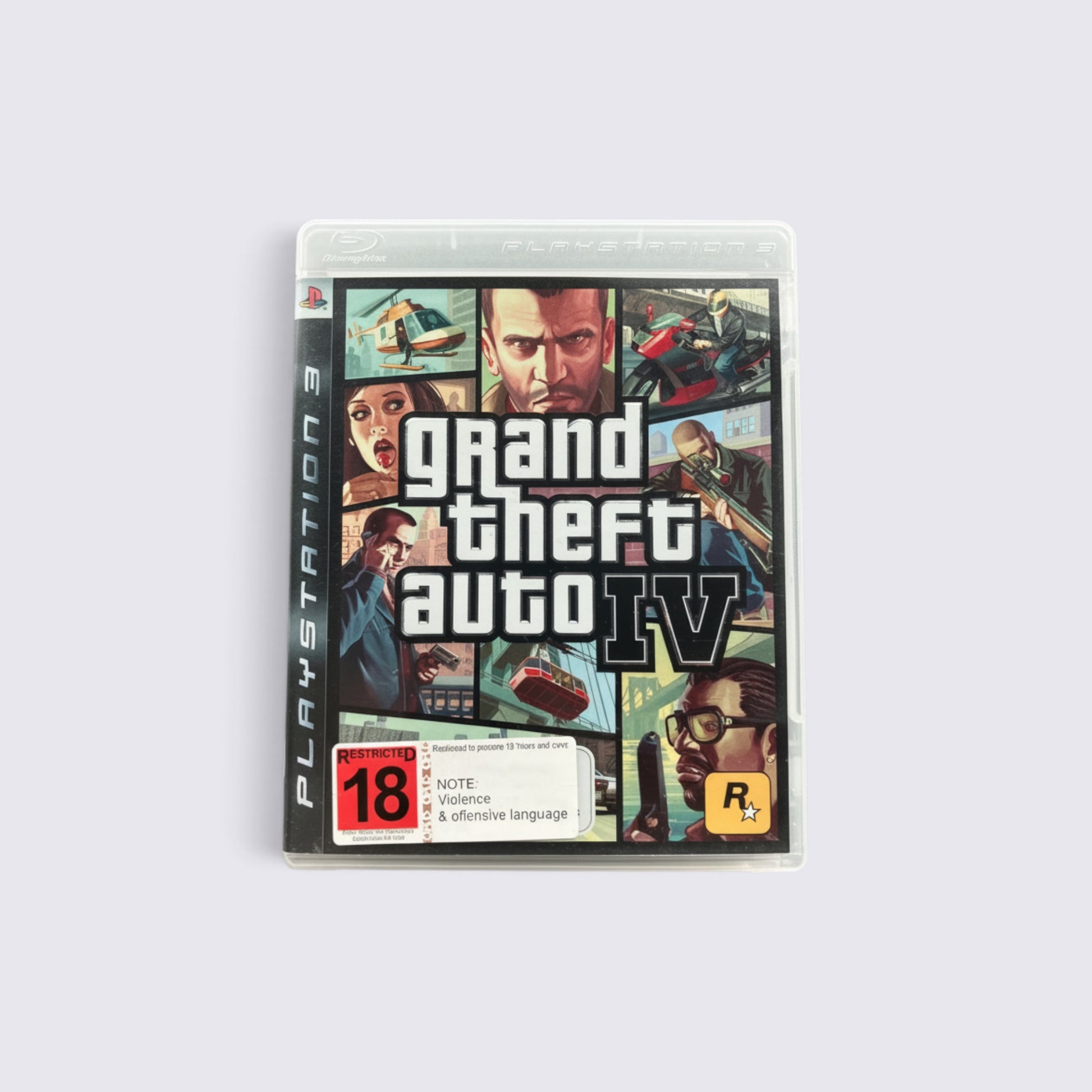 MrPixel Grand Theft Auto IV PlayStation 3 game case featuring character artwork and an 18+ rating label