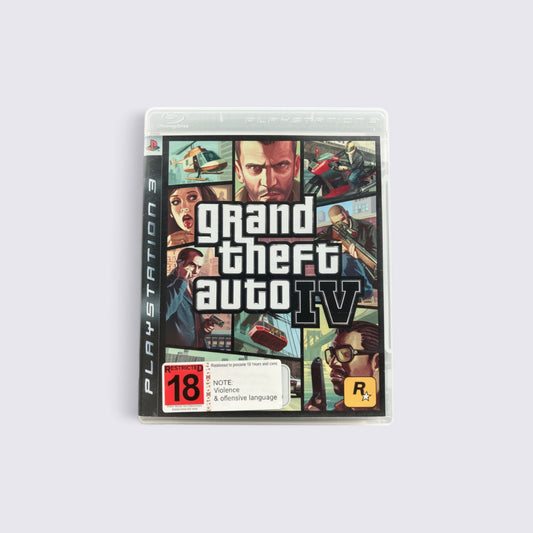MrPixel Grand Theft Auto IV PlayStation 3 game case featuring character artwork and an 18+ rating label
