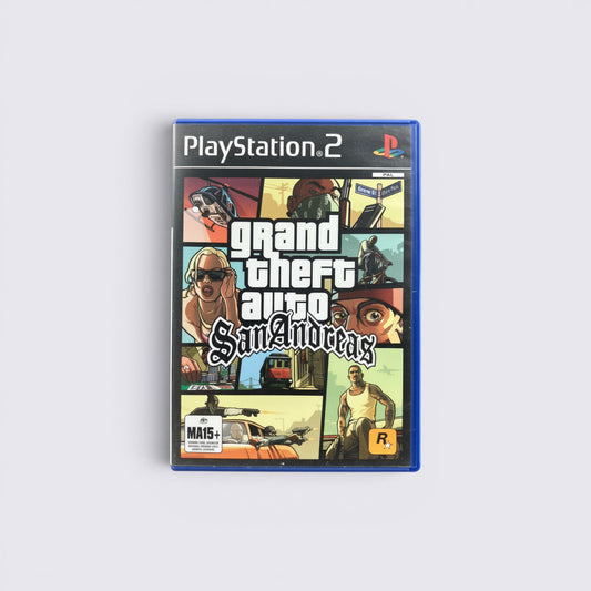 MrPixel Grand Theft Auto San Andreas PlayStation 2 game case featuring iconic character montage and game logo