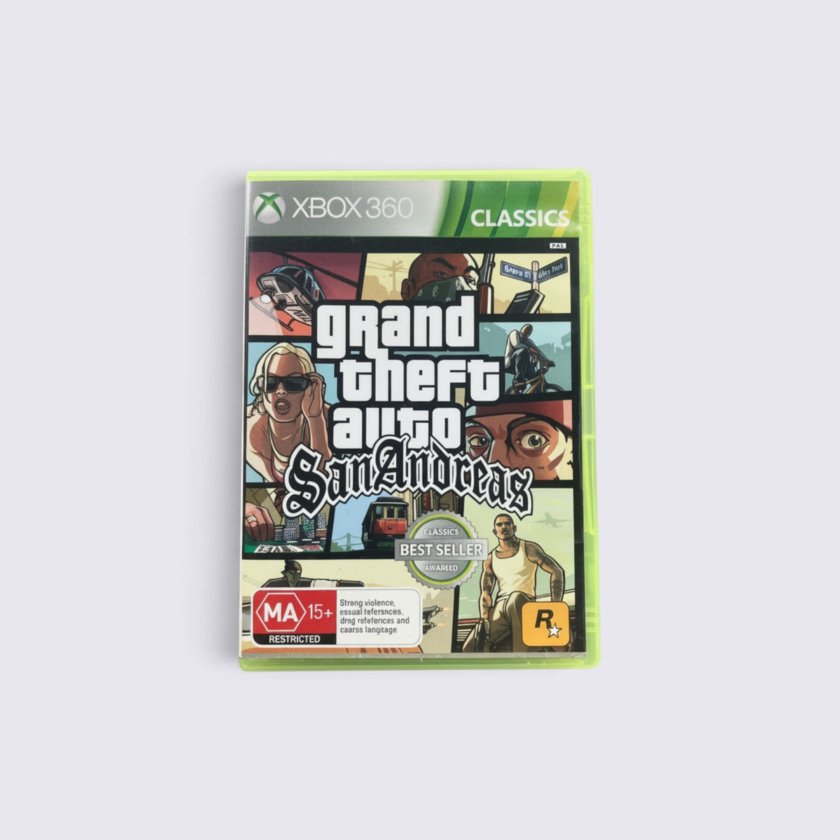 MrPixel Grand Theft Auto San Andreas Classics edition game case for Xbox 360 with iconic character montage artwork
