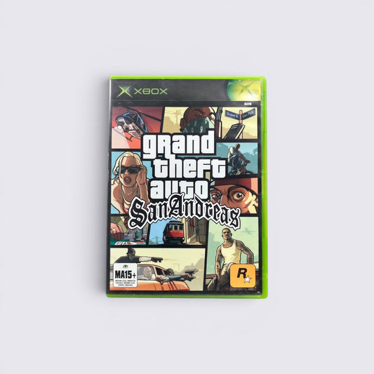 MrPixel Grand Theft Auto San Andreas Xbox game case with iconic collage cover art featuring CJ and city scenes