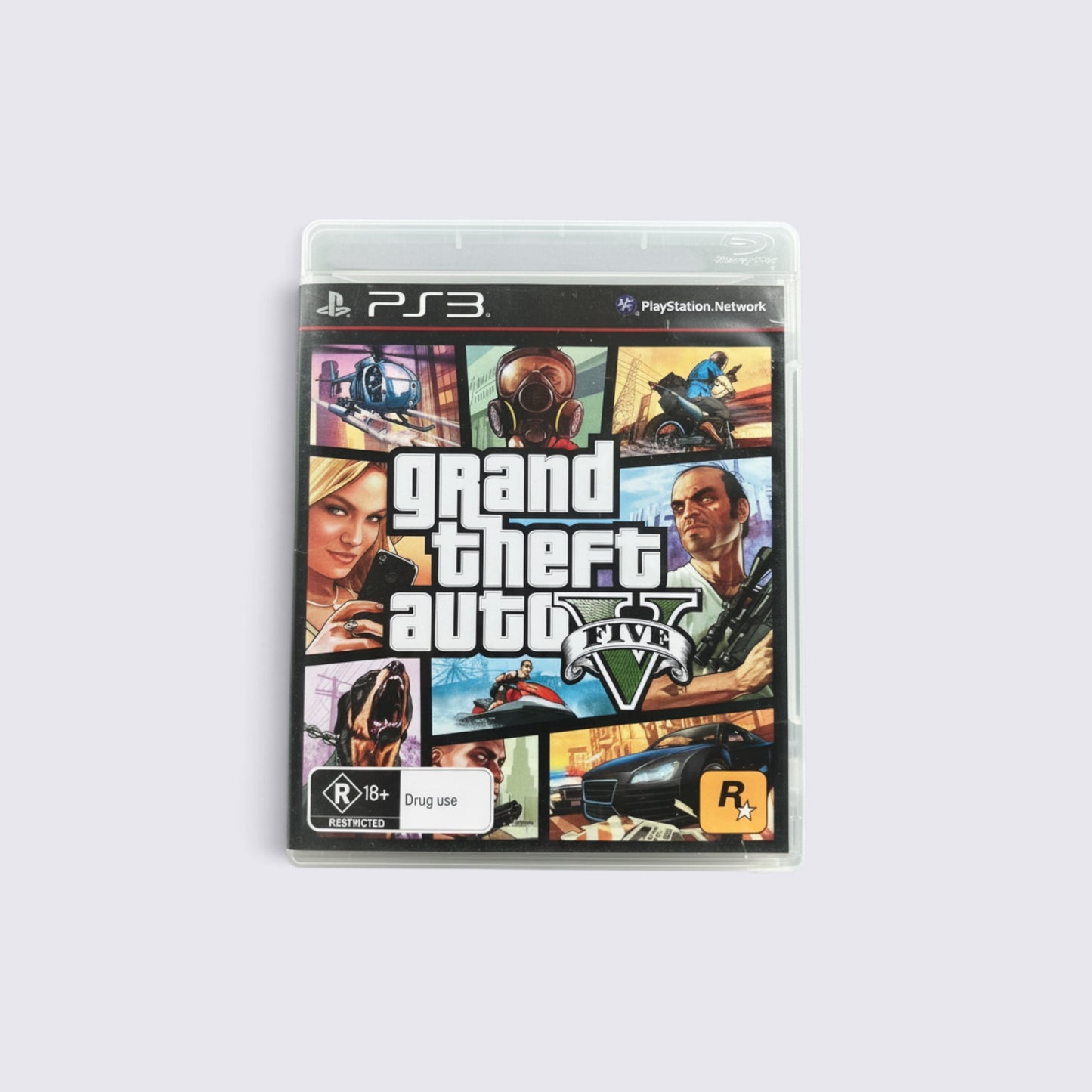 MrPixel Grand Theft Auto V game case for PlayStation 3 featuring iconic character and action montage artwork