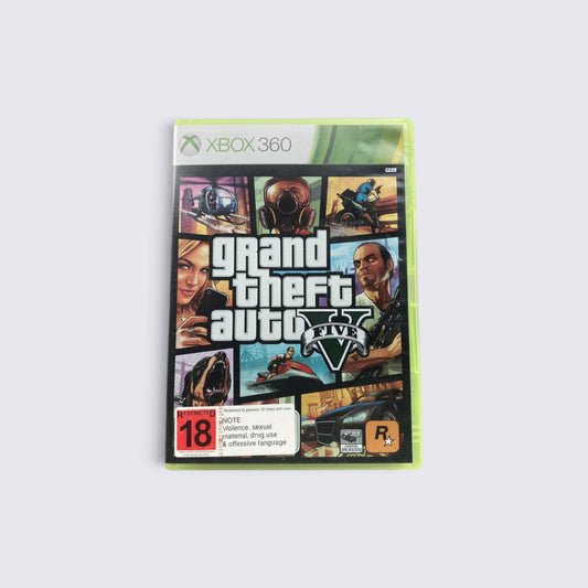MrPixel Grand Theft Auto V game case for Xbox 360 featuring iconic character artwork and 18 age rating label
