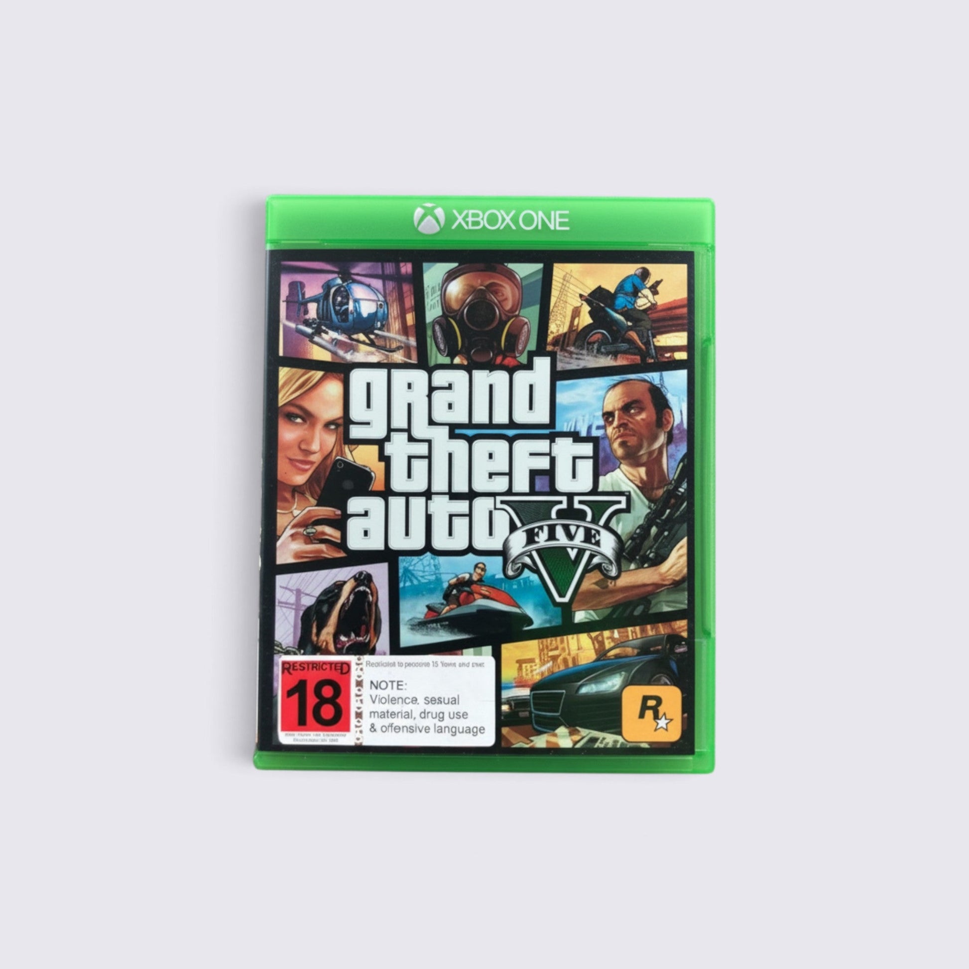 MrPixel Grand Theft Auto V game case for Xbox One featuring character collage and 18 rating label
